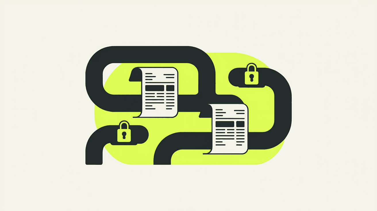 Illustration: A paper invoice moving through a maze of pneumatic tubes with locked gates at each junction