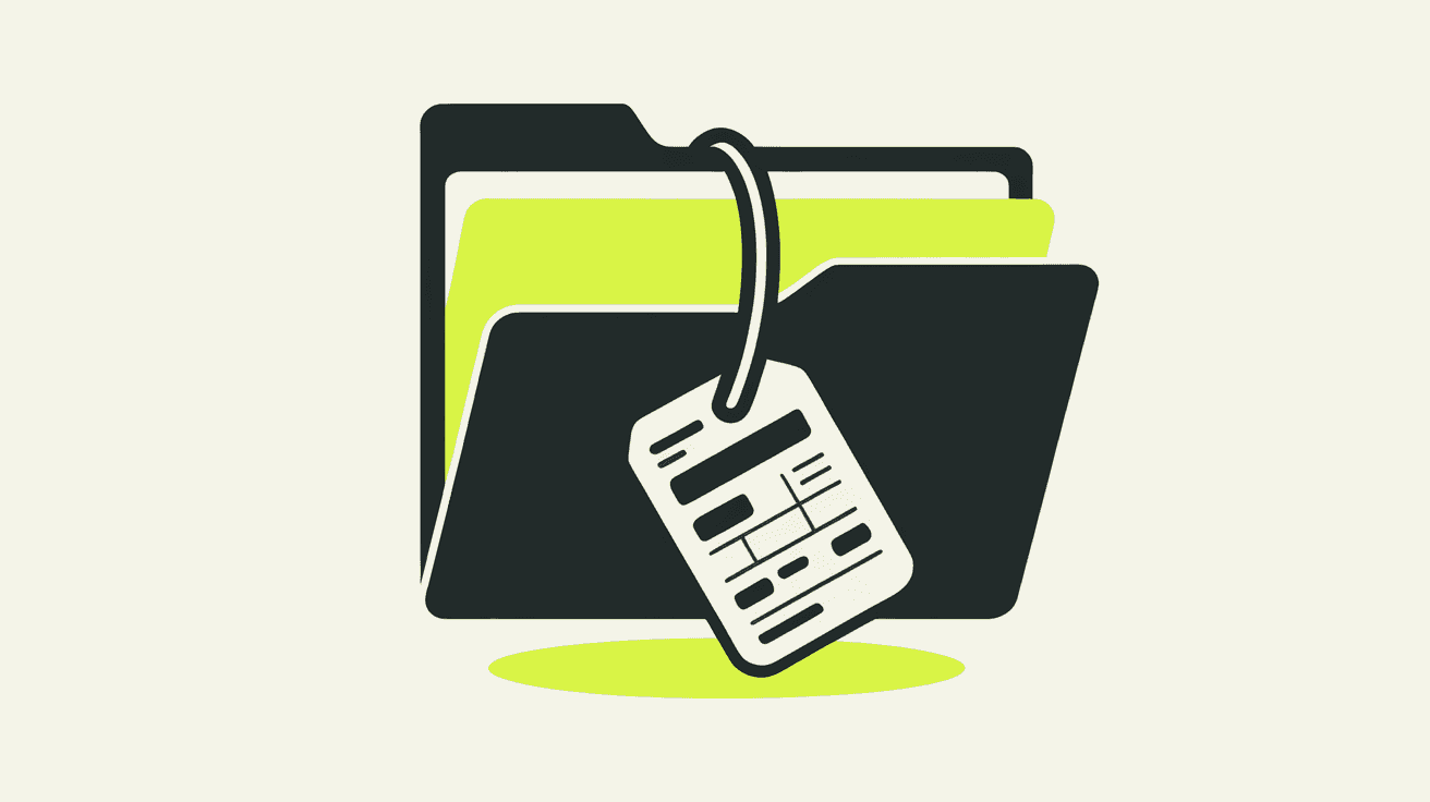 Illustration: A single file folder tied shut with a ribbon that's also a dangling invoice tag — no text, no faces, one iconic object