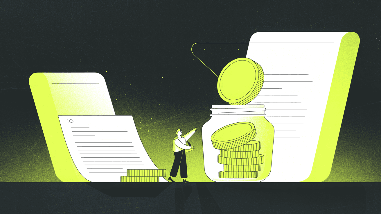Illustration: A single coin lifting out of a stack and settling into a separate glass jar, warm studio light, bold graphic shapes