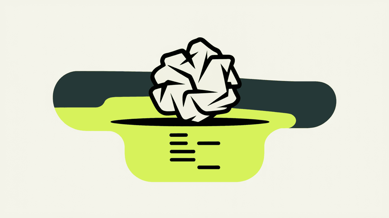 Illustration: A crumpled paper bill dropping into a slot on one side and emerging as a single clean ledger row on the other, bold flat shapes