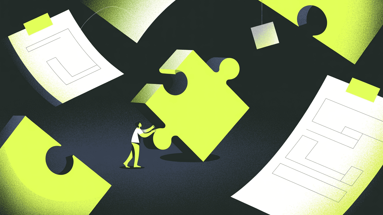 Illustration: A bold flat-graphic puzzle piece being absorbed into a much larger solid shape until only its faint outline remains