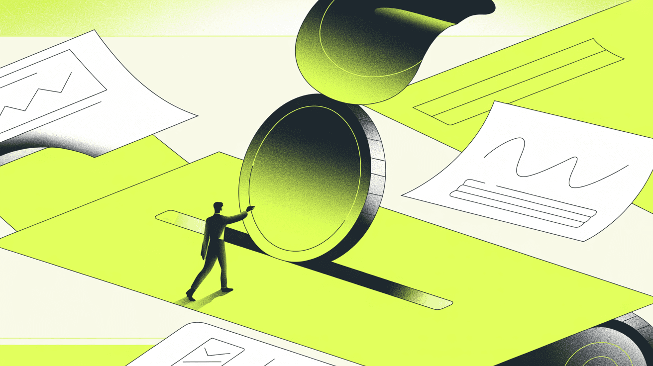 Illustration: One oversized coin sliding down a smooth curved chute toward a slot in a flat surface, bold graphic silhouette