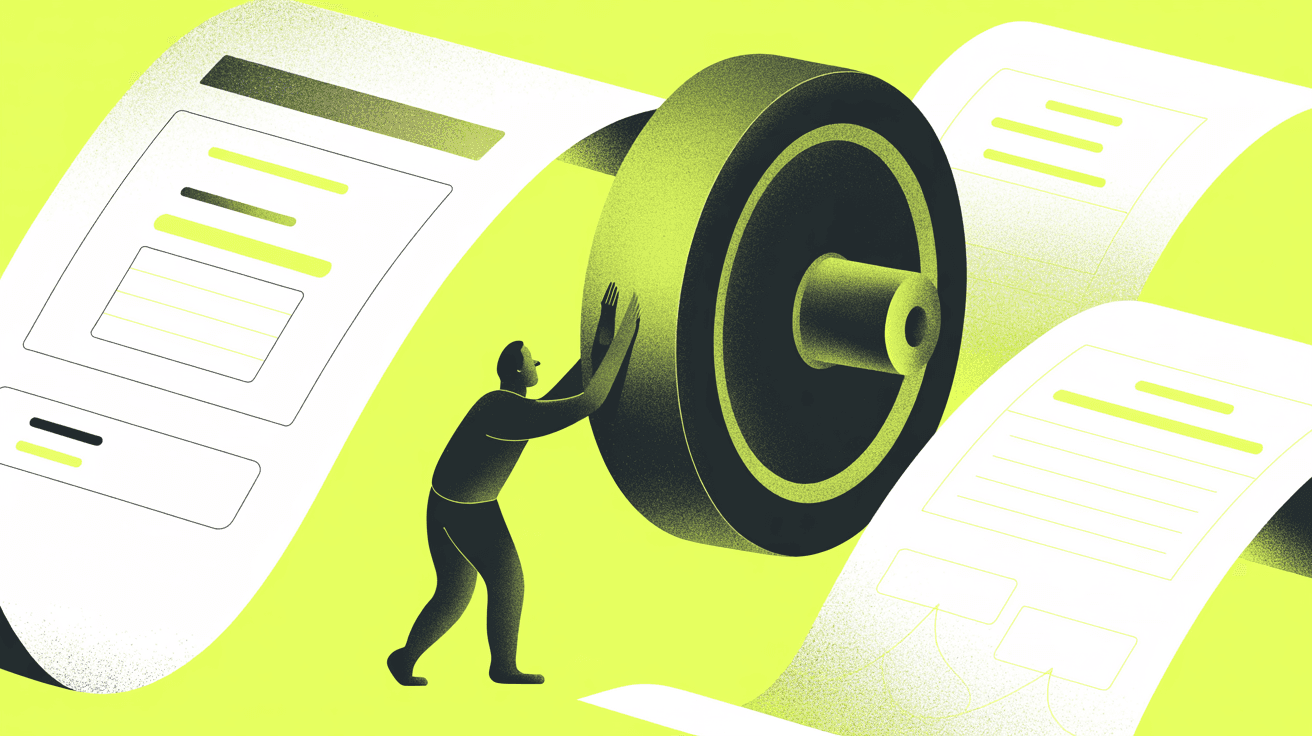 Illustration: A single heavy stone wheel turning in a groove it has worn deep through repetition, bold flat silhouette