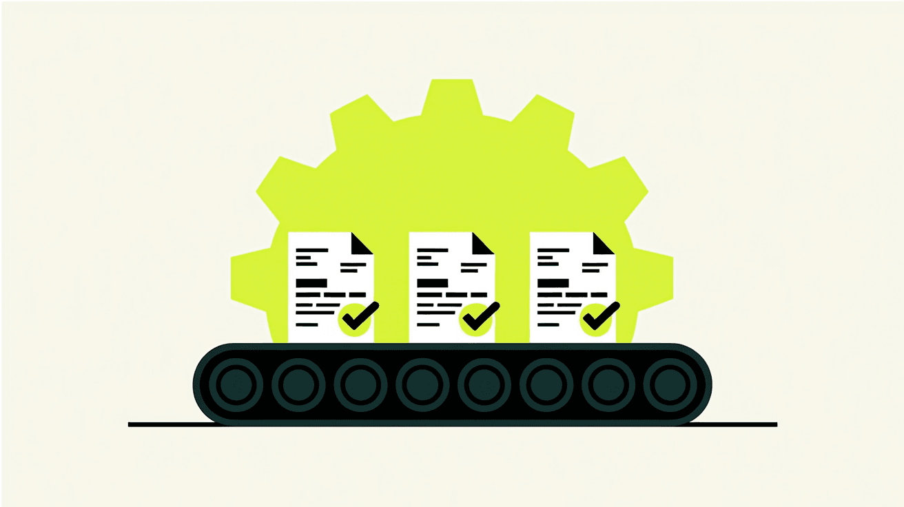 Illustration of invoices moving along a conveyor belt through a lime gear, each stamped approved — invoicing automation