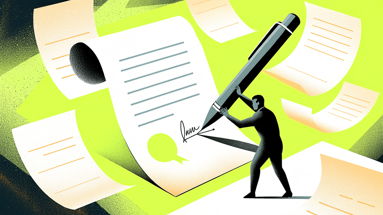 Editorial illustration of a small figure completing a giant professional invoice among floating pages