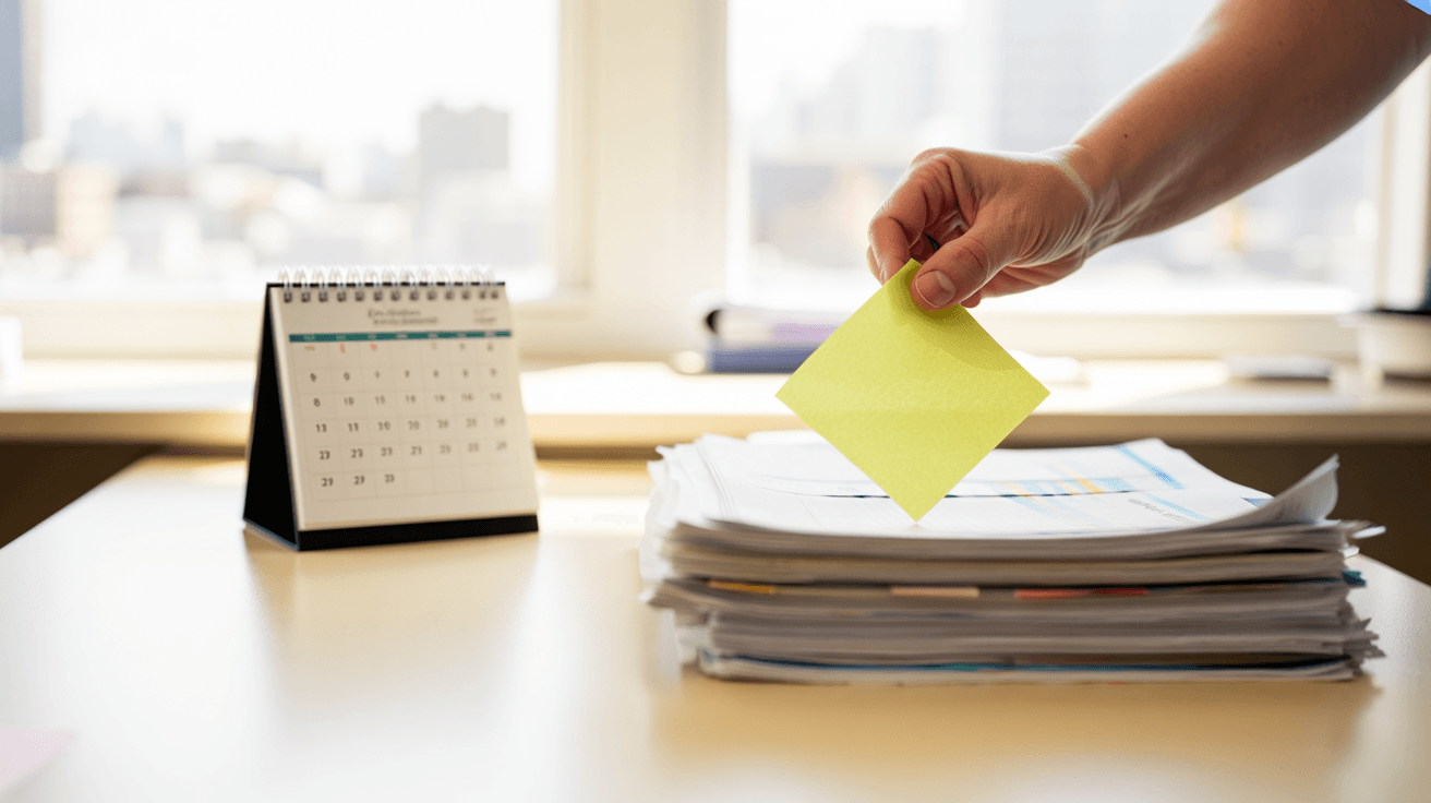 Photo of hands placing a lime sticky note on a stack of invoices beside a desk calendar — chasing late payments