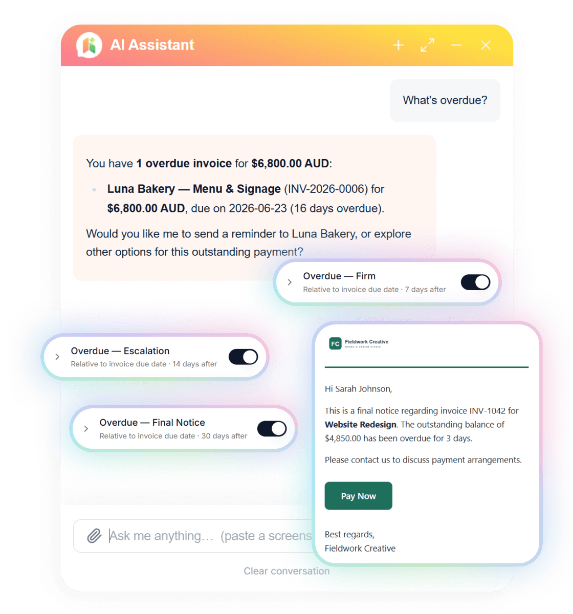 Handl AI assistant chat answering the question What's overdue, listing the client, invoice and amount owed
