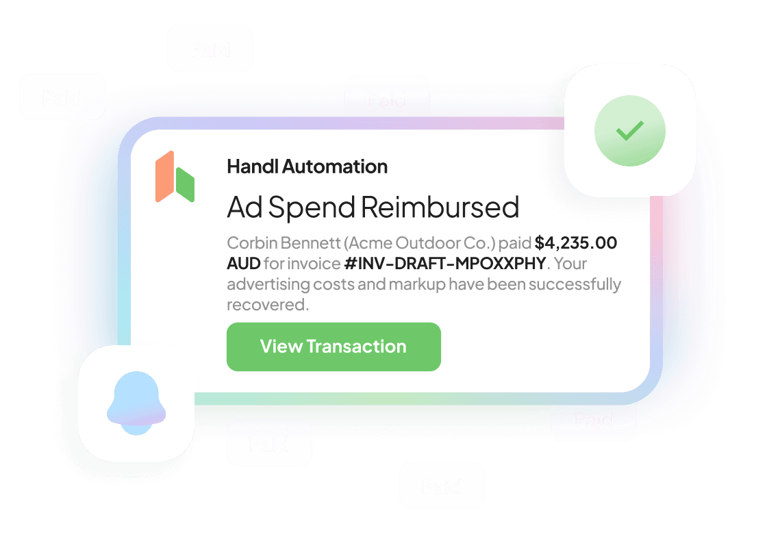 Handl automation notification reading “Ad Spend Reimbursed” — the client paid $4,235.00 AUD, recovering the ad spend and management fee