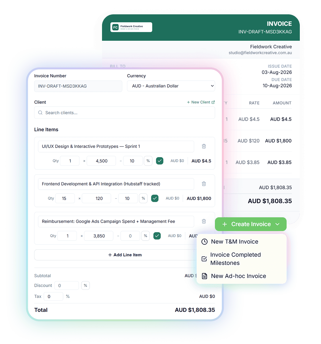 Handl screenshot — Stop sending five invoice emails when you mean one.