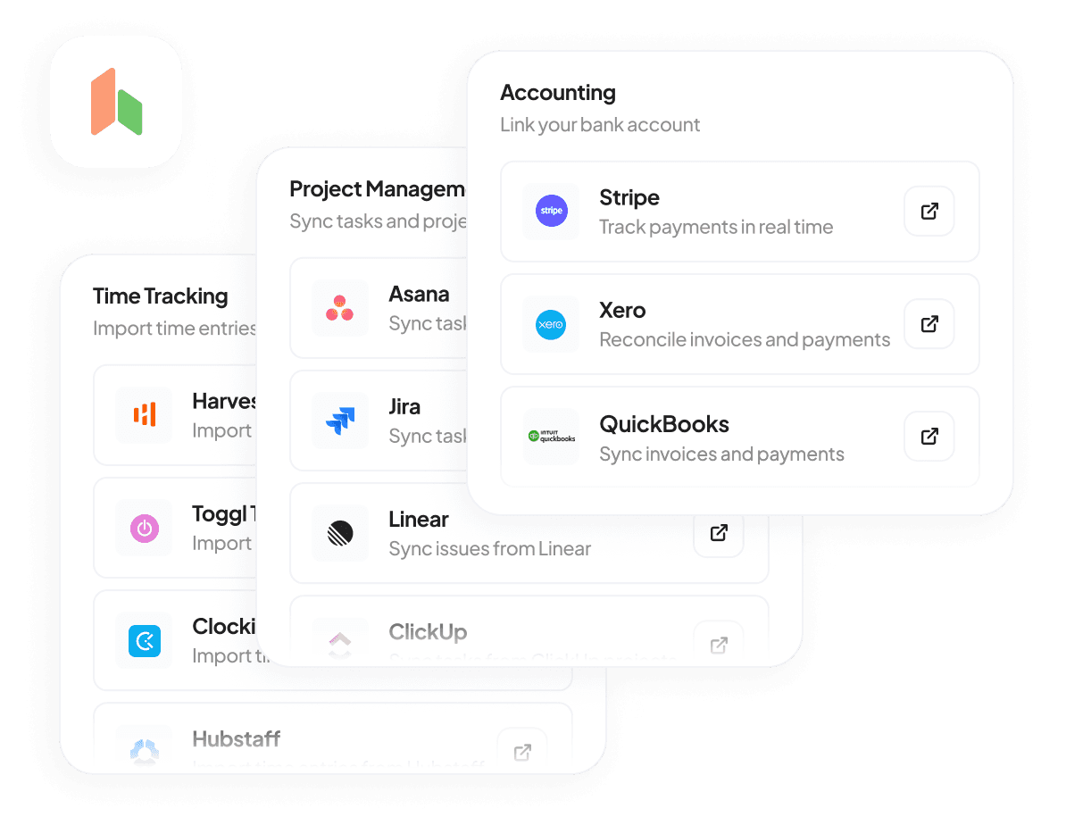 Handl's integrations: time tracking, project management, and Stripe, Xero and QuickBooks for accounting.