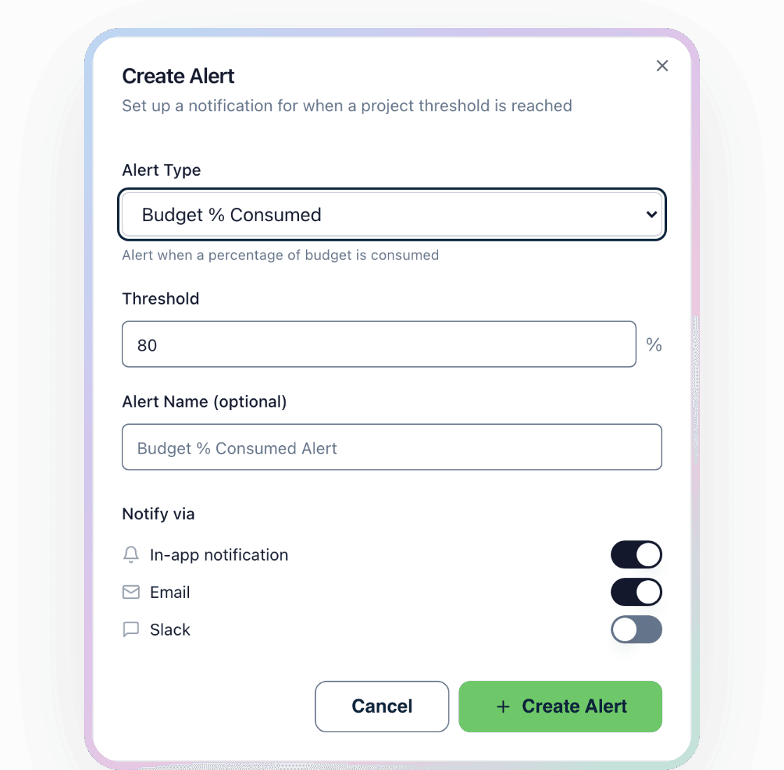 Handl's Create Alert dialog: alert type Budget % Consumed, a threshold of 80 percent, an optional alert name, and in-app, email and Slack notification toggles