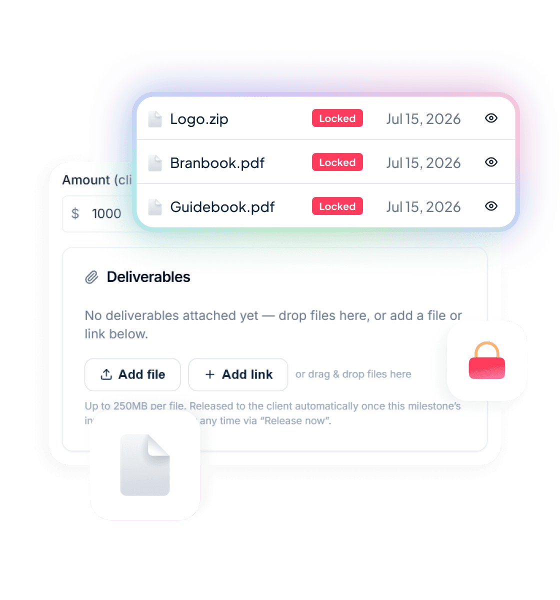 The pay page showing a locked deliverables list — Logo.zip, Branbook.pdf and Guidebook.pdf each marked Locked, above the drag-and-drop area for attaching files or links to a milestone