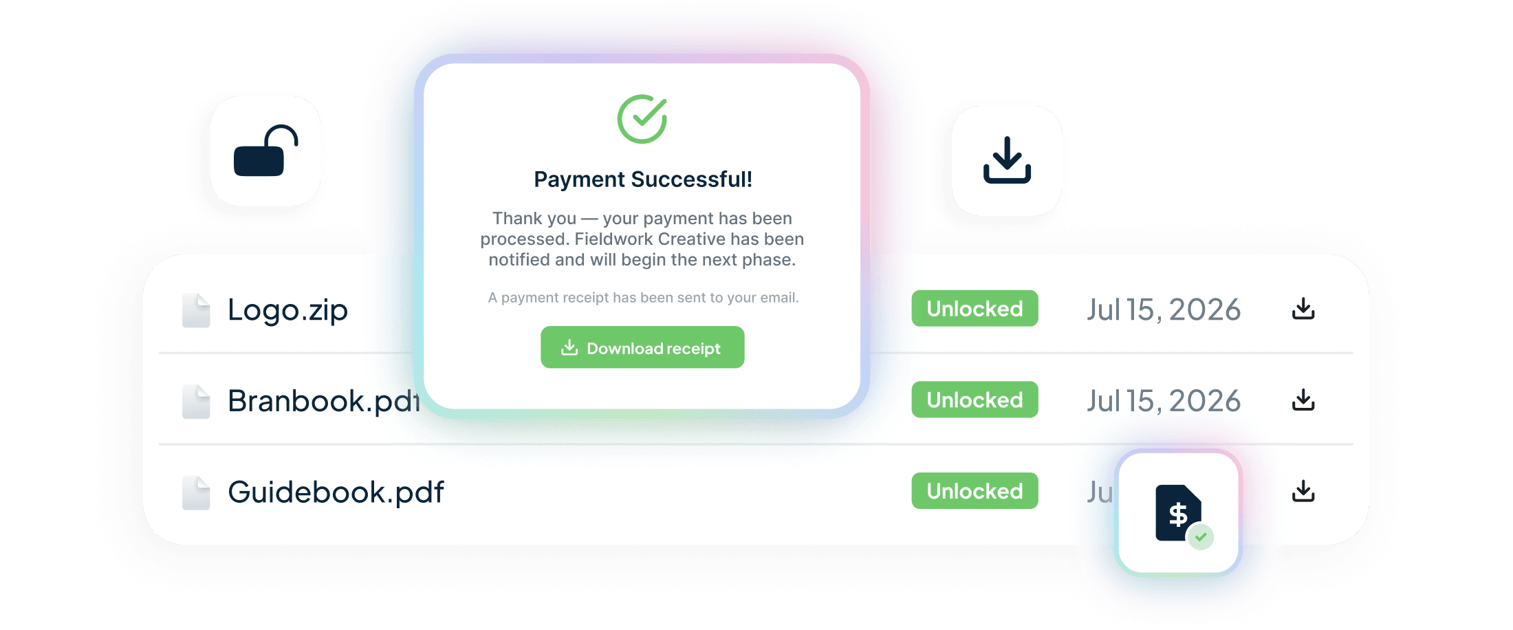 The unlock moment — a Payment Successful dialog over the deliverables list, every file now marked Unlocked with a download button on each row