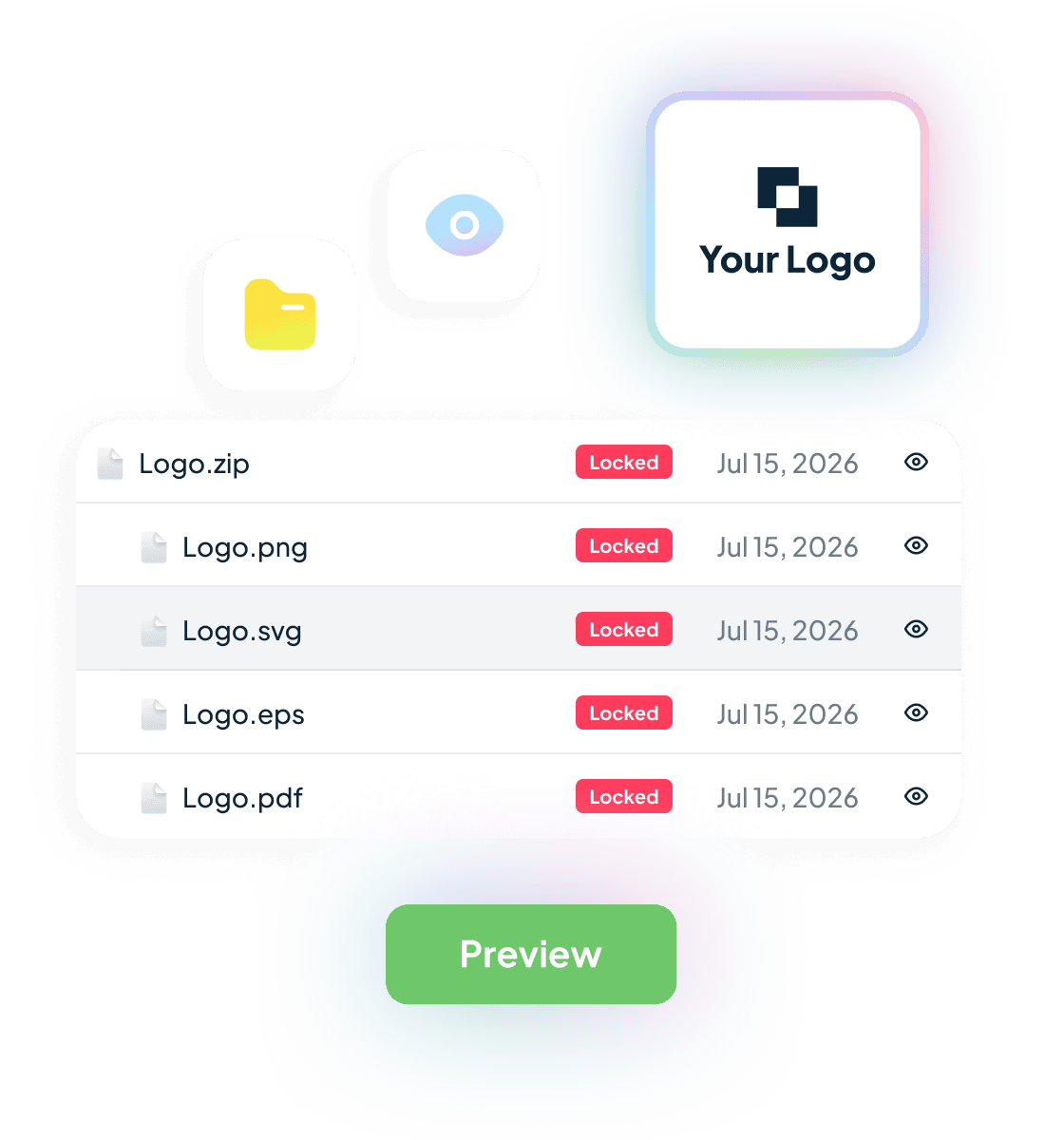 The package view — a Logo package grouping Logo.zip with its .png, .svg, .eps and .pdf variants, each row locked, with a logo preview card above