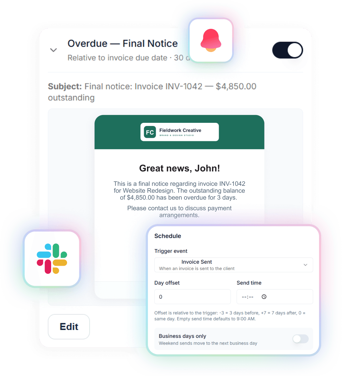 Handl's reminder cadence settings next to a branded final-notice email, the same sequence as the seven chase steps on this sheet