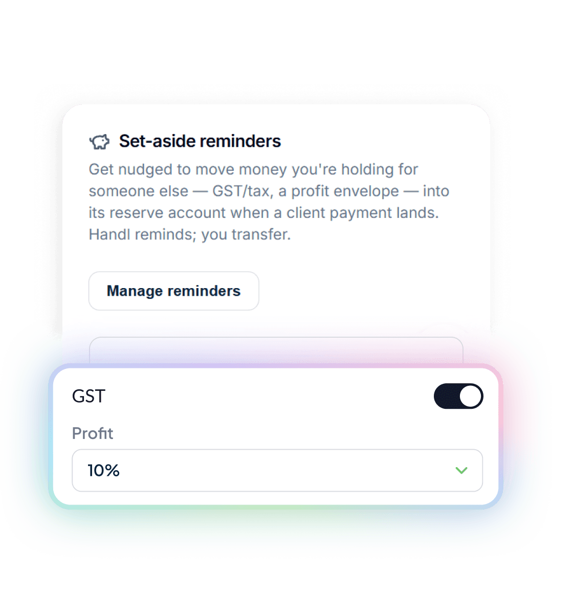 Set-aside reminders card in settings — GST rule enabled, showing channels email/in-app/Slack