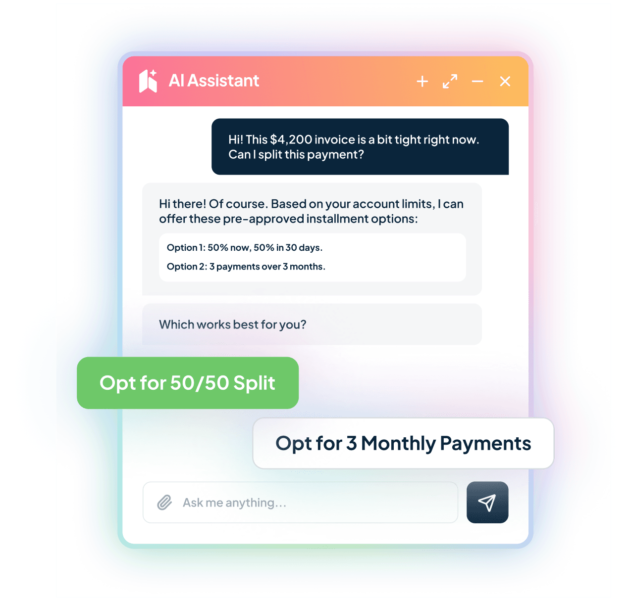 Client portal AI assistant offering to split a payment into instalments