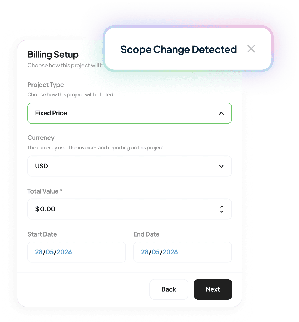 Handl fixed-fee project: agreed fee + payment schedule, “scope change detected” prompt drafting the extra line