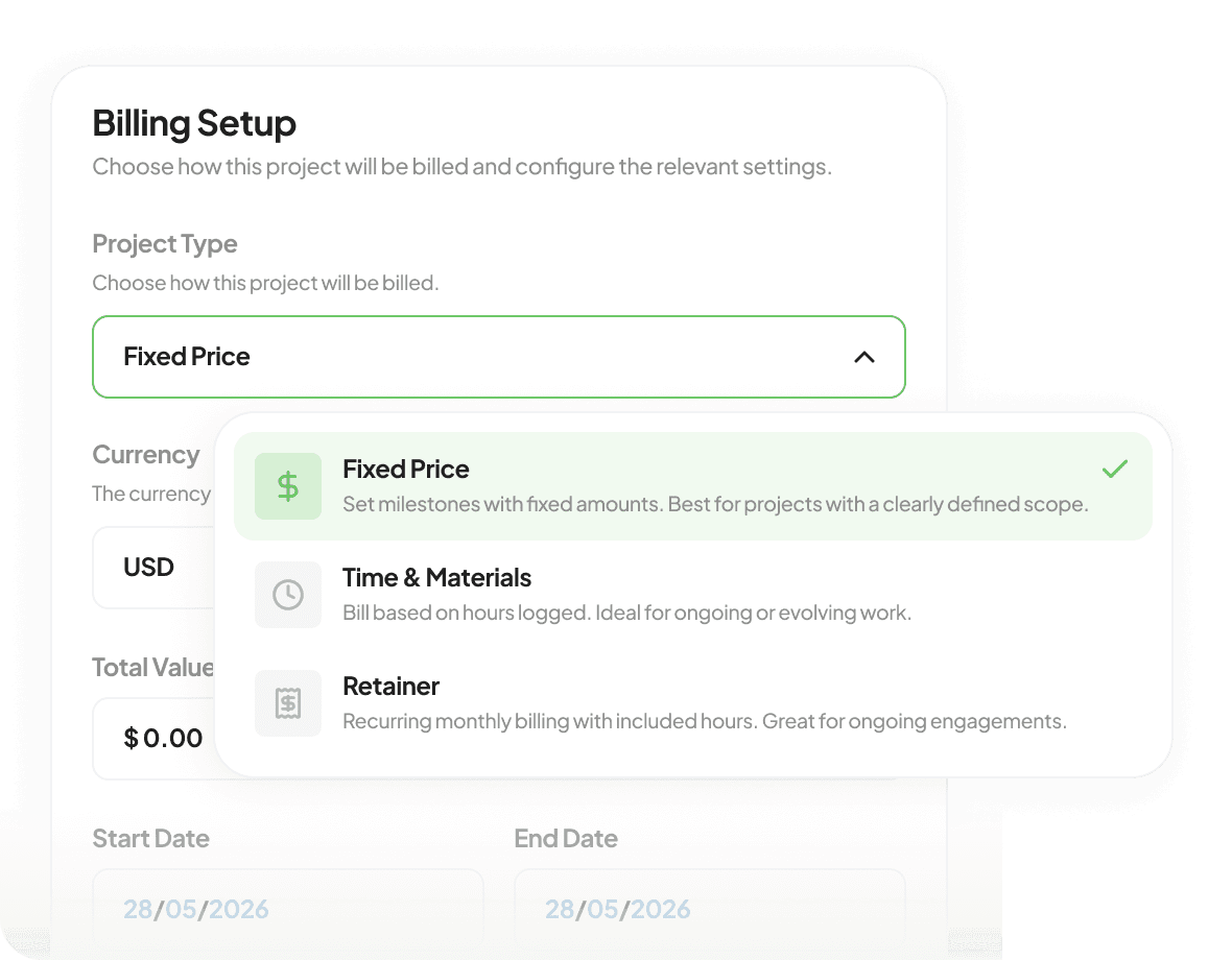Handl's billing setup screen with the project-type dropdown open — Fixed Price, Time & Materials, and Retainer: recurring monthly billing with included hours