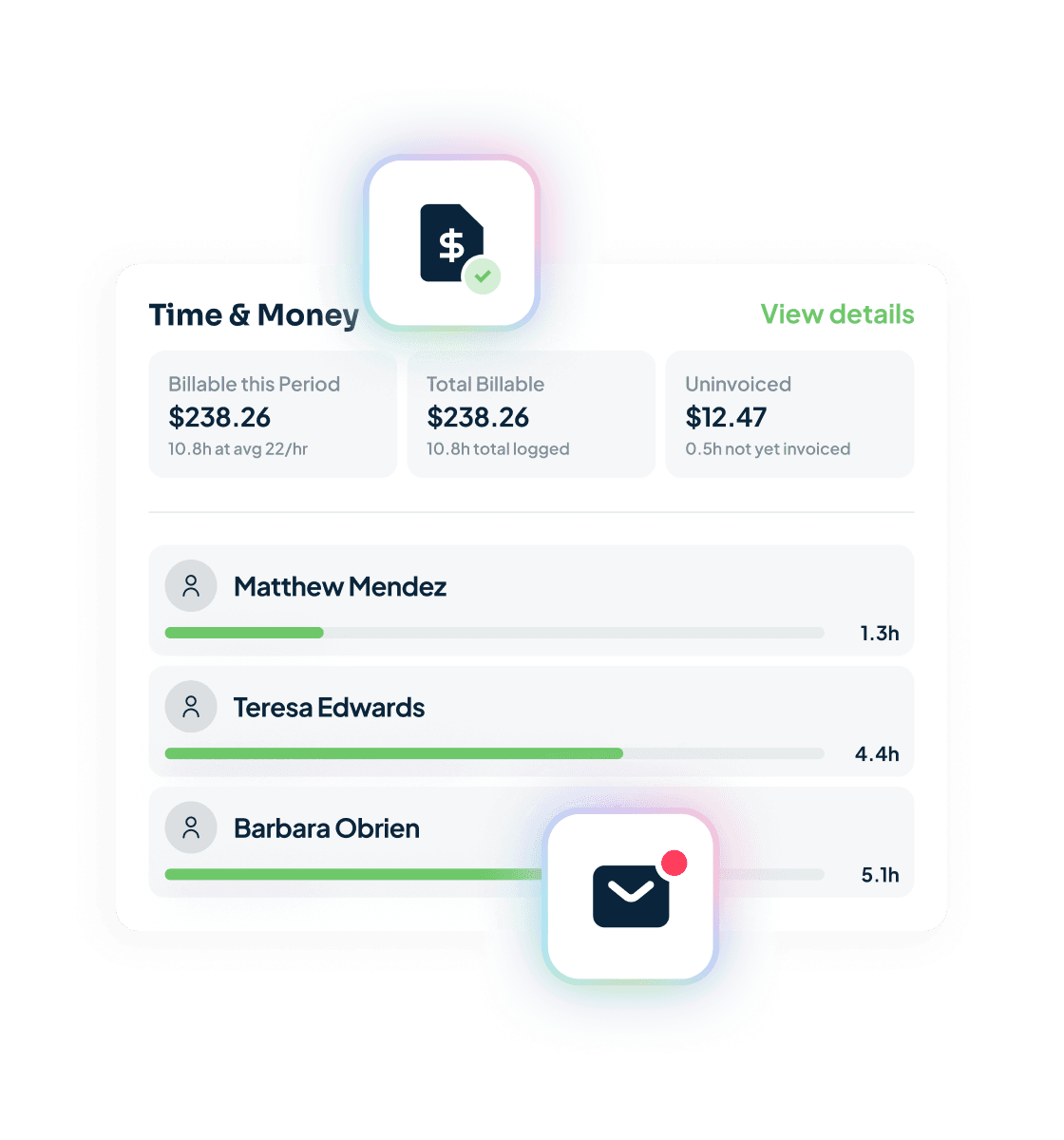 Handl hourly billing view: logged time per client pulled from Harvest/Toggl, “draft invoice” button, unbilled-hours alert