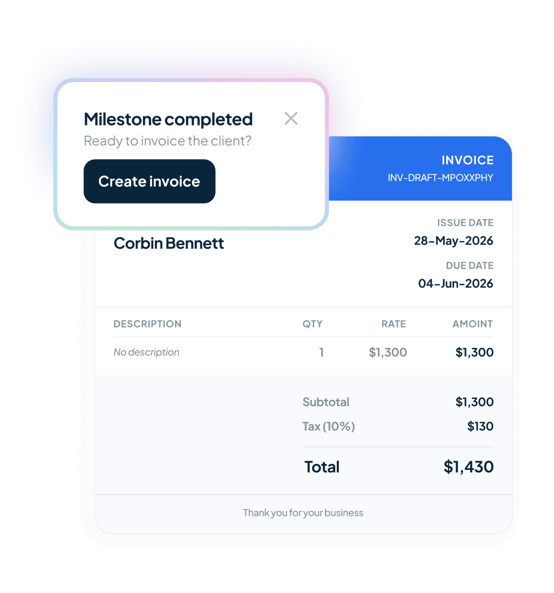 Handl milestone timeline: a milestone flips to done on sign-off and its invoice is drafted automatically
