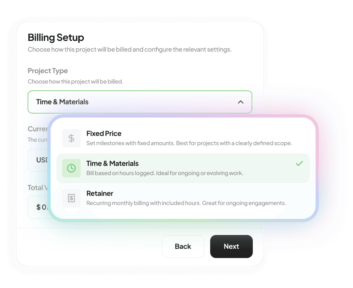 Handl billing setup — choosing recurring retainer billing for a project