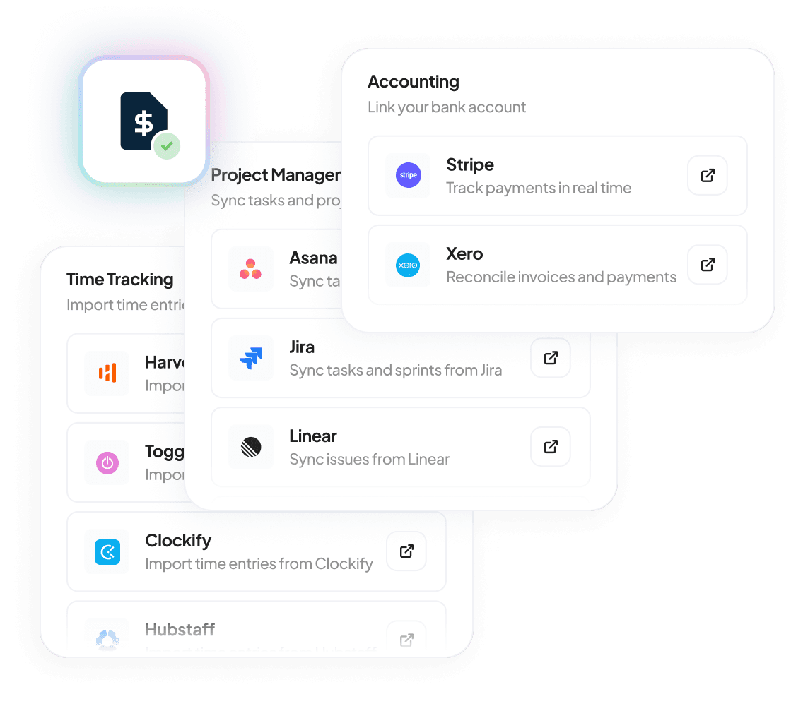 Handl integrations — project management, time tracking and accounting tools connected