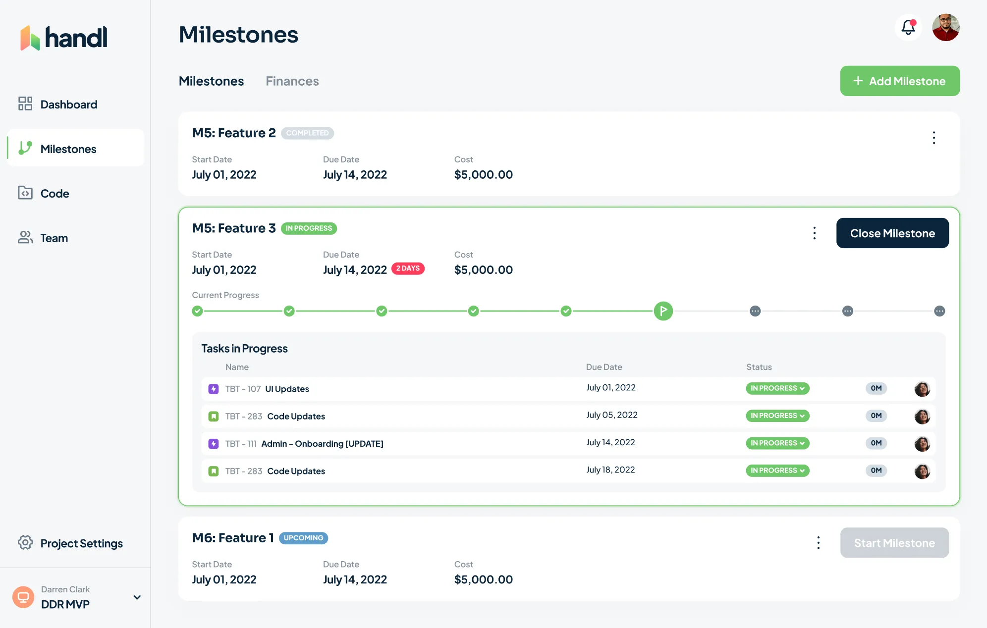 Handl milestones linked to client approvals.