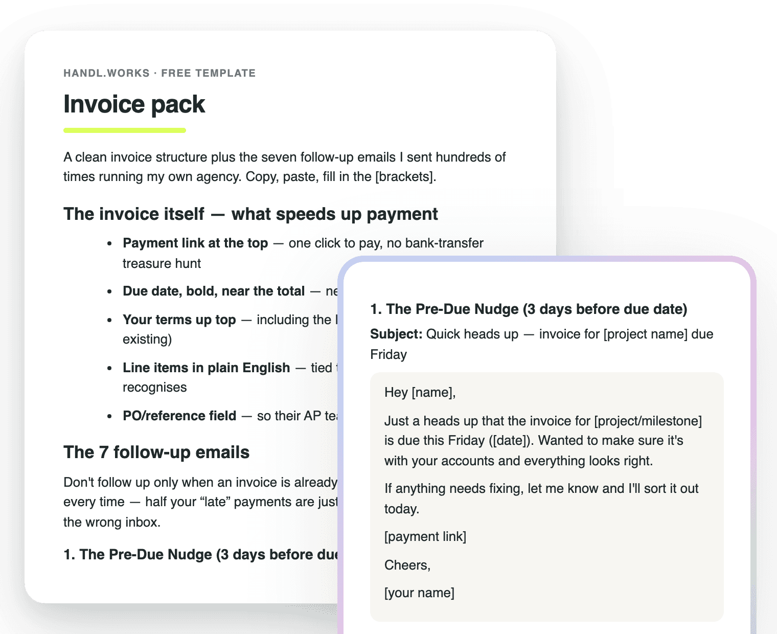 The invoice pack as a document: the invoice checklist and the seven follow-up emails, from the pre-due nudge to the final notice