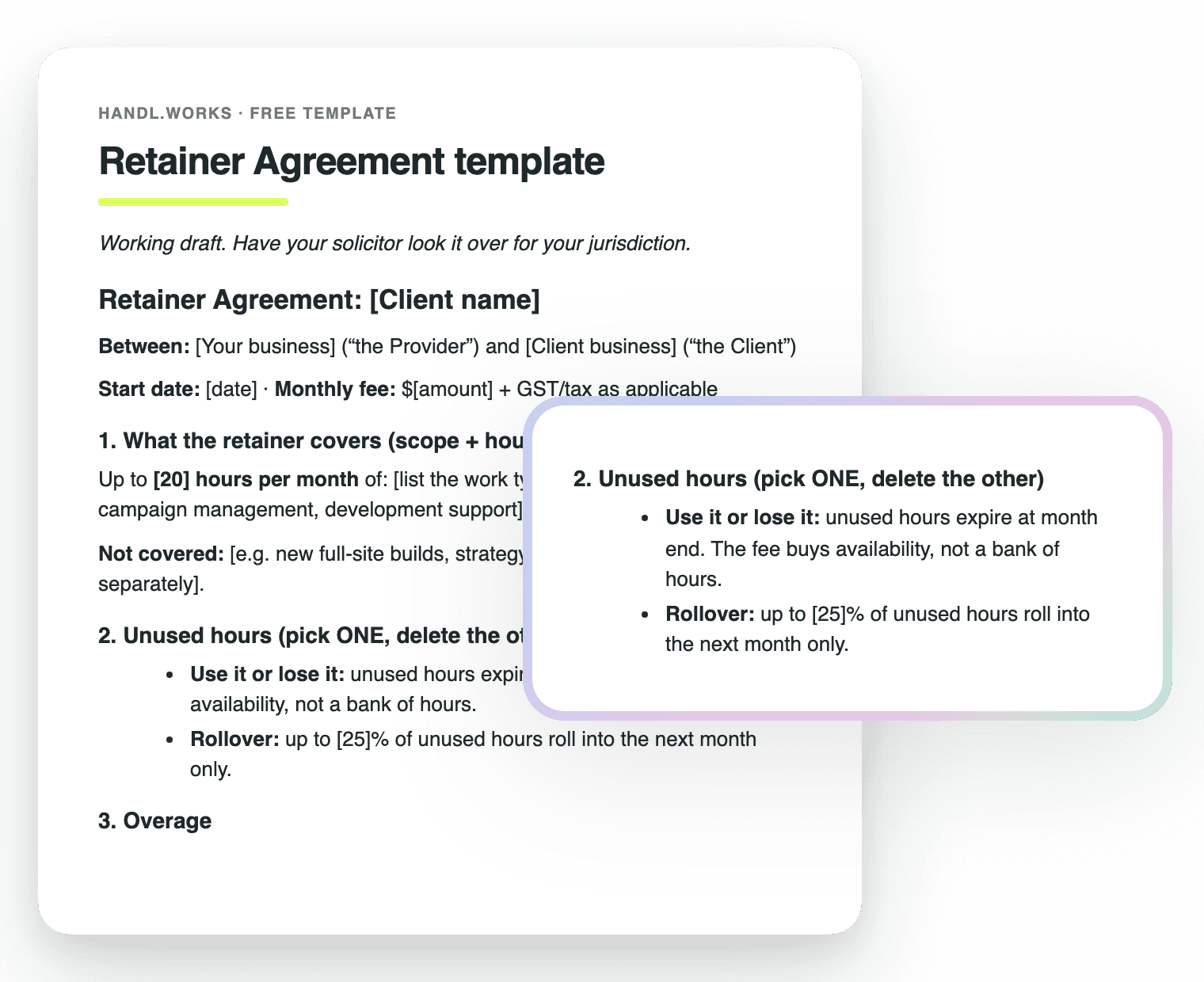 The retainer agreement template as a document: hours cap, rollover rules, overage, payment terms and notice, ready to fill in