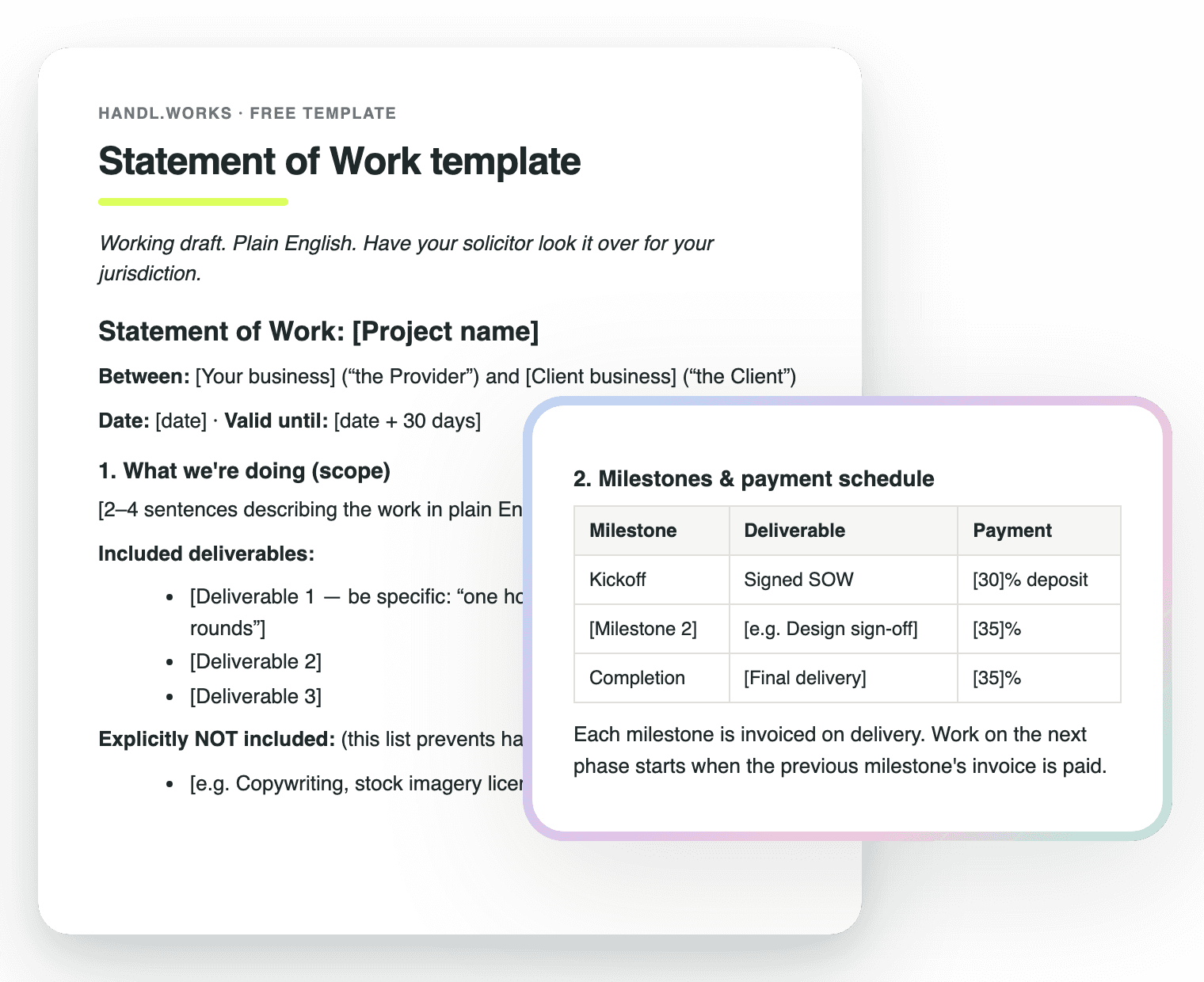 The SOW template, as a document: scope, milestone payment schedule, the change-order clause, payment terms and sign-off, ready to fill in
